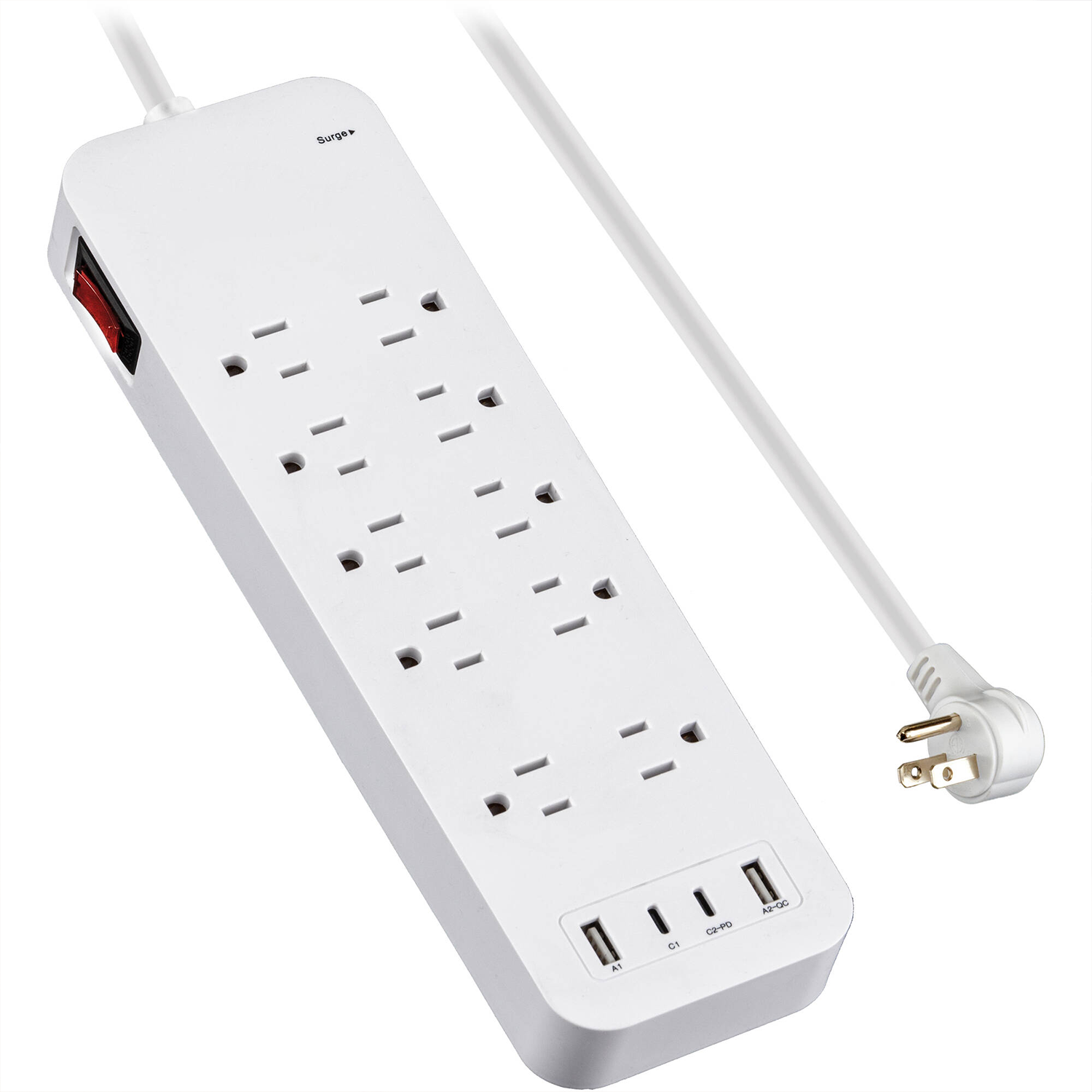 10‑Outlet Surge Protector Power Strip With Usb‑A Usb‑C Charging Ports